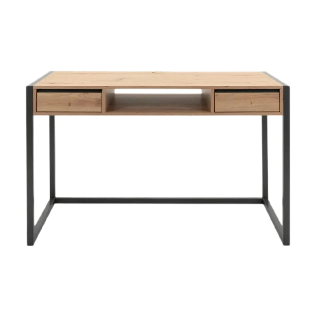 **Bureau en bois avec structure métallique et rangement intégré**