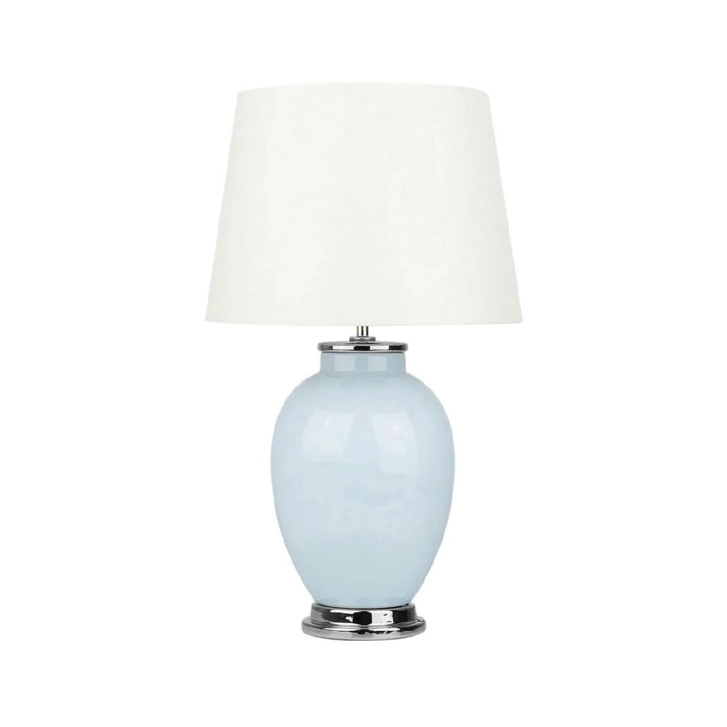**Lampe de table en céramique bleue avec abat-jour blanc**