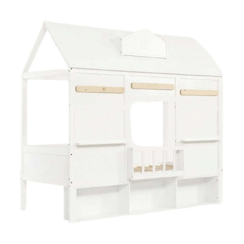 **Maison de jeu en bois blanche avec fenêtres et balustrade**